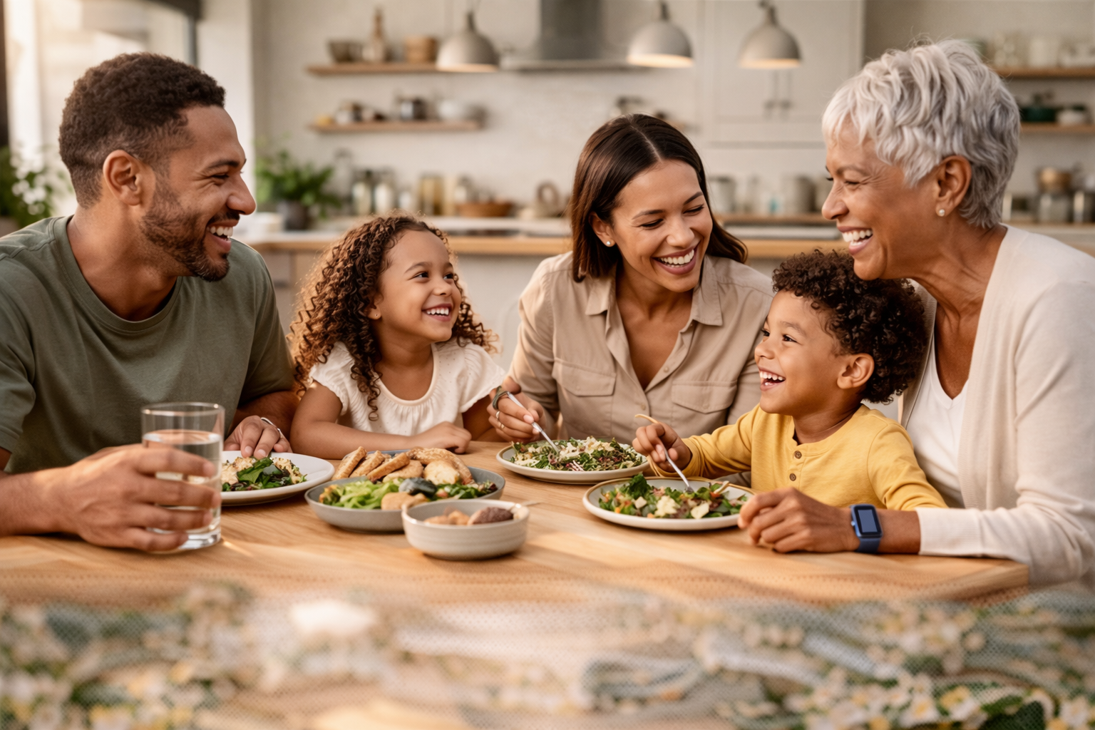 The same family reviewing a care plan together at a table.
